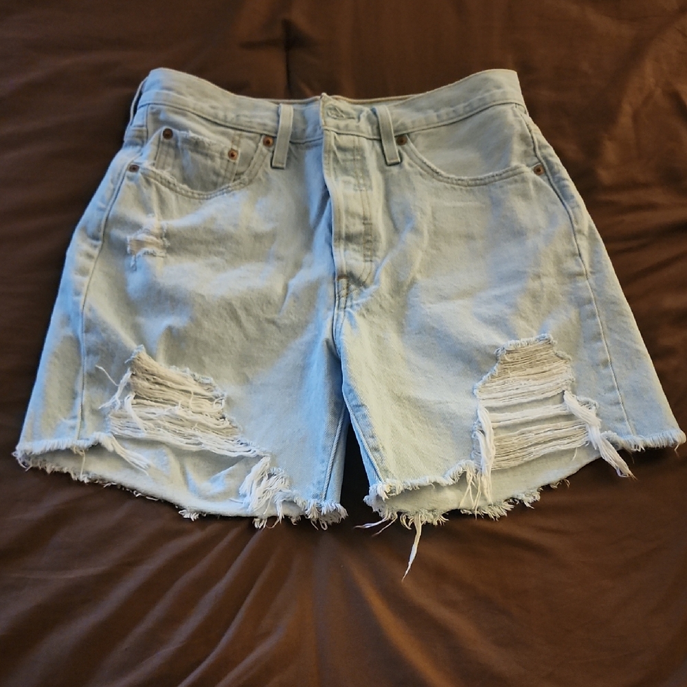 Levis Distressed Light Blue Denim Shorts